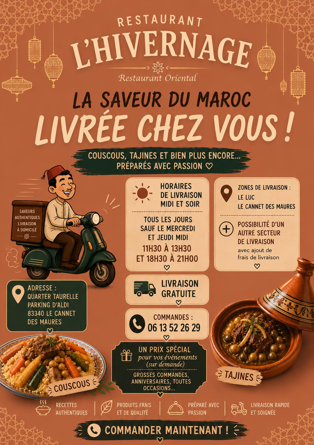 Affiche livraison L'Hivernage : la saveur du Maroc livrée chez vous